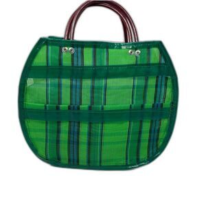 Mexican Small Hand Bag Tote Purse Green Plastic Striped 10”X 9” Boho